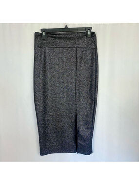 NWT High Waist Midi Pencil Skirt Women's L Silver Metallic on Black Stretchy Re